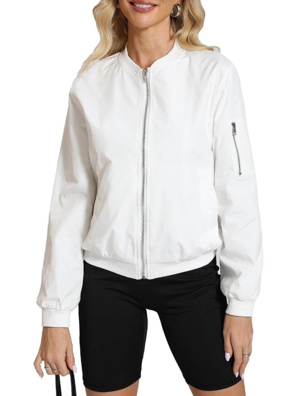 Women White 100% Polyester Zip-Up Shawl Collar Pocket Windbreaker Bomber Jacket